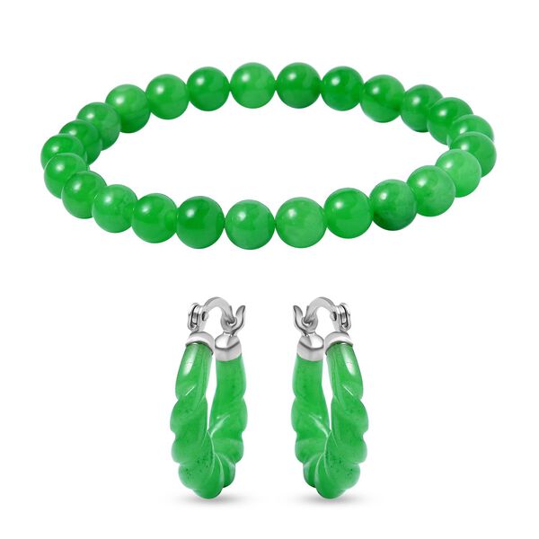 2er Set - Gr&uuml;ne Jade Armband und Ohrringe Schmuckset, 925 Silber rhodiniert ca. 129.00 ct