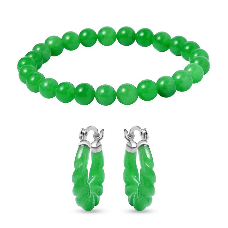 2er Set - Grüne Jade Armband und Ohrringe Schmuckset, 925 Silber rhodiniert ca. 129.00 ct image number 0