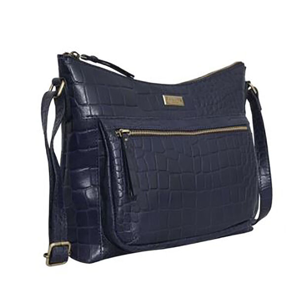 Assots London OLGA 100% echtes Leder Kroko-geprägte Crossbody Tasche mit Reißverschluss und verstellbarem Riemen, Größe: 30x9,5x26 cm, Dunkelblau image number 1