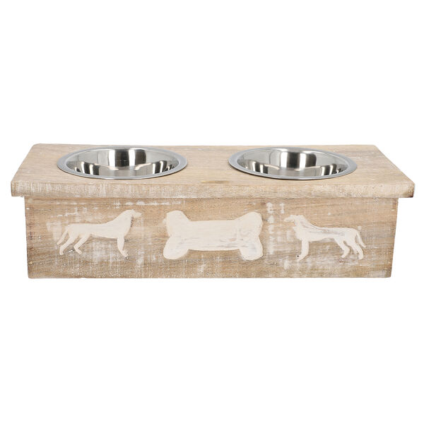 NAKKASHI - Handgeschnitzter Mangoholz Fressnapf mit Edelstahlschalen, 48x20x12,5 cm, Hunde image number 2