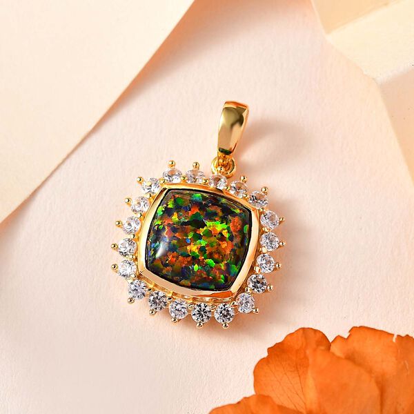 Labor erstellt schwarzen Opal, Wei&szlig;er Zirkon Anh&auml;nger 925 Silber Gelbgold Vermeil ca. 3,69 ct. image number 2