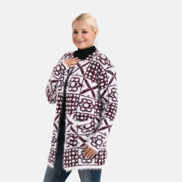 Gemusterter Cardigan mit Taschen, Einheitsgröße, Retro-Muster, Weinrot image number 3