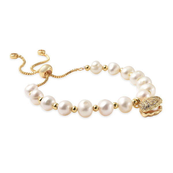 Wei&szlig;es S&uuml;&szlig;wasserperlen- und wei&szlig;es, k&uuml;nstliches Diamant-Armband, 16.5 cm, Messing image number 3