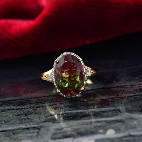 Vine Whisper D joy Wassermelonen Quarz Triplette, Weißer Zirkon Ring 925 Silber platiniert und vergoldet (Größe 16.00) ca. 6,84 ct image number 1
