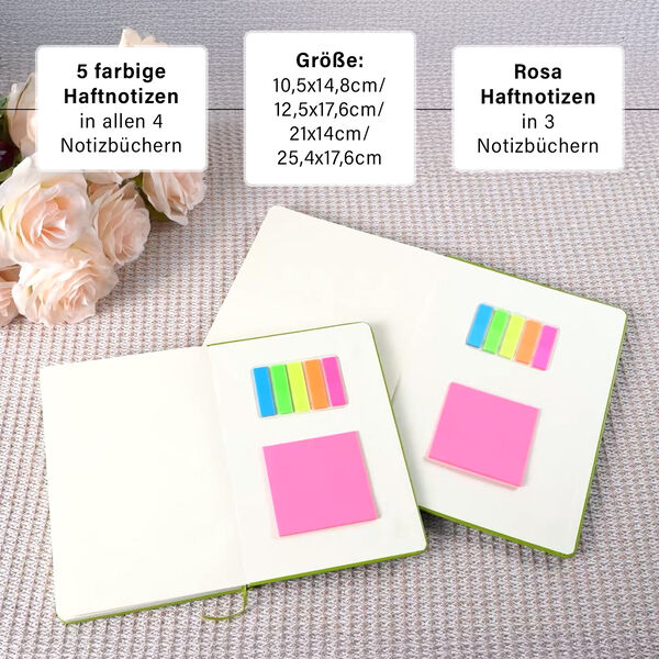 4-teiliges Notizbuch-Set mit Gummibandverschluss, Kunstleder und Papier, verschiedene Größen, Grün image number 4