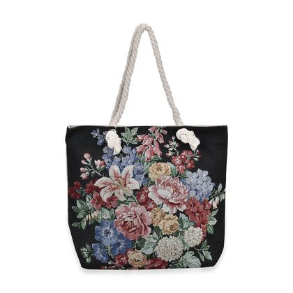 Gewebte Jutetasche mit buntem Blumenmuster, Ma&szlig;e: 42x34xx37cm, Schwarz
