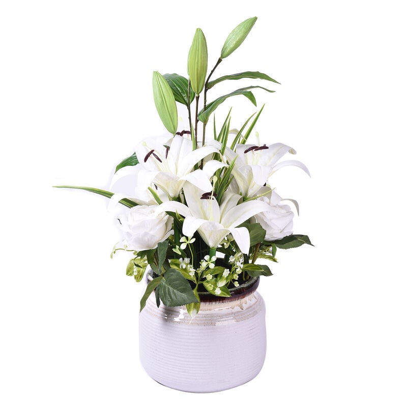 6 weiße Lilien, 3 weiße Rosen mit weißer Keramikvase image number 0