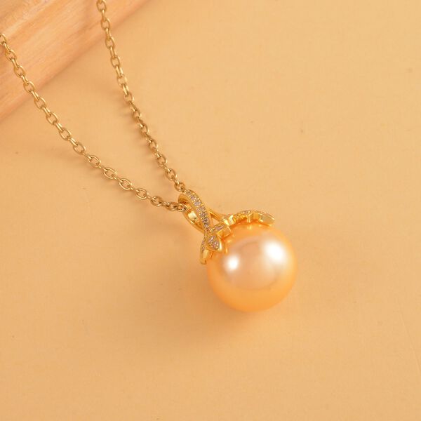 Goldene Muschelkernperle, wei&szlig;er Zirkonia, Anh&auml;nger mit Kette, Messing, Edelstahl, ca., goldfarben 0.25 ct image number 3