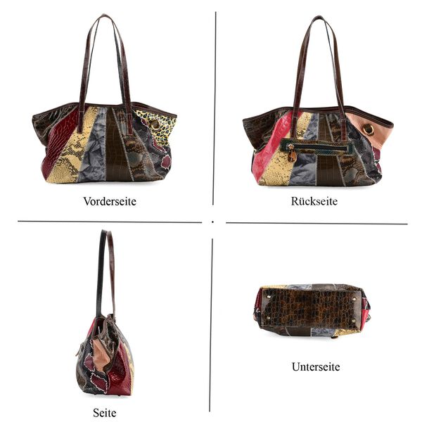 Chaos by Elsie- Echtleder-Shopper, RFID-Schutz, Strahlen Paneel Design, Patchwork aus gepr&auml;gten Ledern Kroko Schlange Leopard Metallic, 33x13x24cm, Mehrfarbig. image number 5