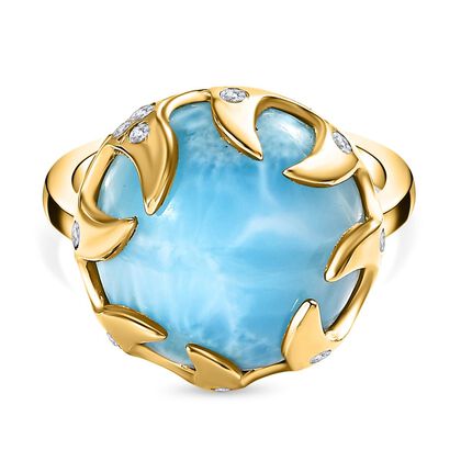 Larimar, wei&szlig;er Zirkon Ring 925 Silber Gelbgold Vermeil (Gr&ouml;&szlig;e 20.00) ca. 13.33 ct