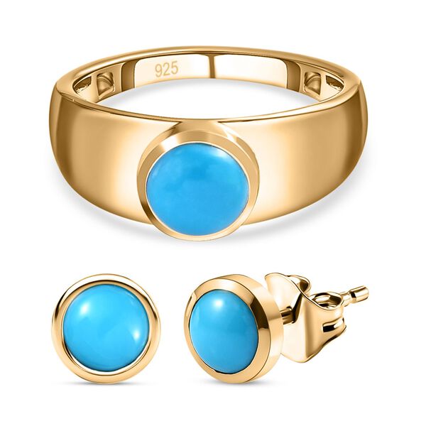 2er Set - Amerikanischer nat&uuml;rlicher Sleeping Beauty T&uuml;rkis Ring und Ohrringe, 925 Silber Gelbgold Vermeil ca. 4.80 ct