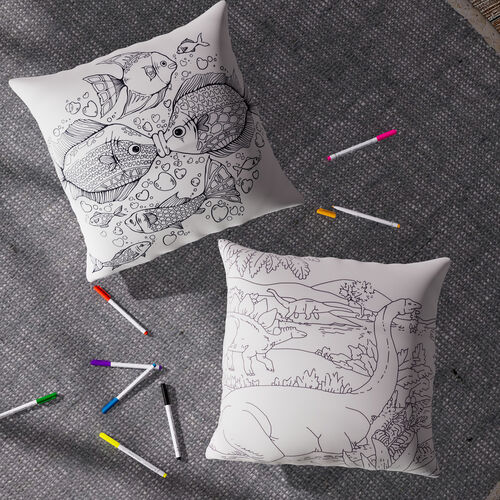2er Set DIY Malen: Kissenbezug mit 8 Wasserfarbstiften, 45x45 cm, Fisch und Dino image number 0