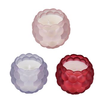3er Set - Duftkerze Traubenform Schwarzer Granatapfel, Agarholzrose, Franz&ouml;sischer Lavendel, Glas 7.5 x 7 cm