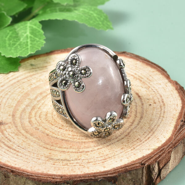Rosa Quarz und Markasit Ring in Edelstahl image number 2