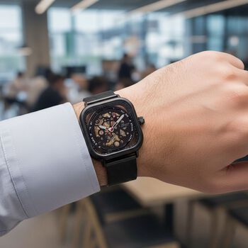 GENOA TIME V2 42mm Automatische Mechanikuhr - Schwarzes hohles Zifferblatt, Geh&auml;use aus Legierung mit IPS-Beschichtung, Edelstahl-Mesh-Armband, 3 ATM wasserdicht, 8.5 cm, schwarz