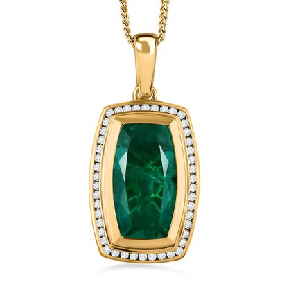 Smaragd-Quarz Triplette, weißer Zirkon Anhänger mit Kette, 925 Silber Gelbgold Vermeil ca. 20.32 ct