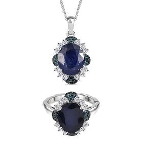 Masoala Saphir, blauer Diamant und Zirkon Ring und Anhänger mit 50cm Kette