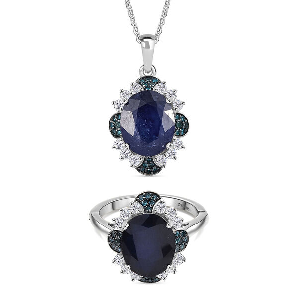 Masoala Saphir, blauer Diamant und Zirkon Ring und Anhänger mit 50cm Kette image number 0