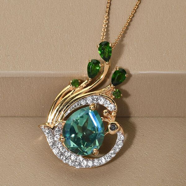 Pfau Triplett Quarz und nat&uuml;rlicher Chromdiopsid-Anh&auml;nger mit Kette, 925 Silber vergoldet ca. 5,79 ct image number 3