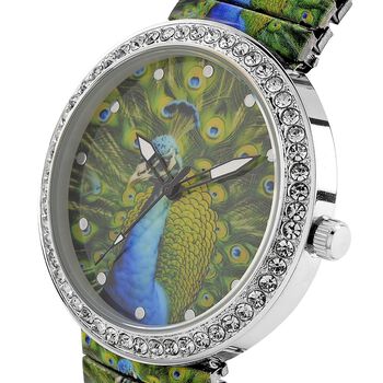 STRADA - Armbanduhr mit Pfaumotiv, Kristall-L&uuml;nette, Japanisches Uhrwerk, Edelstahlzugband, Reiner Edelstahl