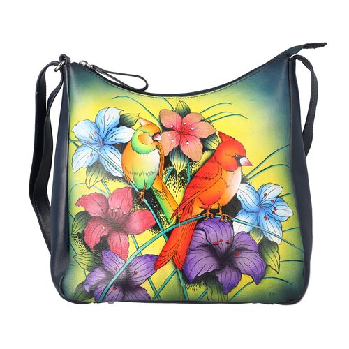 SUKRITI - 100% Echtes Leder Hobo Tasche, Blumenmuster, Größe: 28x9 x25cm, dunkelblau image number 0