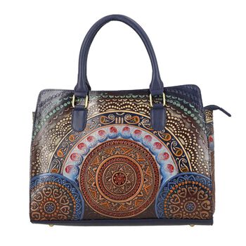 Handbemalte Satchel-Tasche aus 100% Echtleder mit kunstvoller Pr&auml;gung und Mandala-Design, 31x10x23cm, Blau-Braun