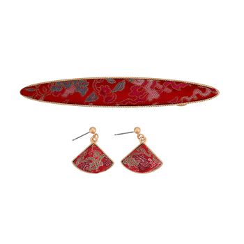 LA MAREY 2er-Set Brokat Seiden-Haarnadel und Ohrringe mit Geschenkbox, Rot