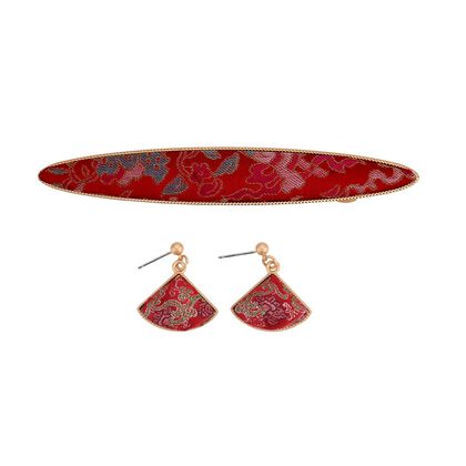 LA MAREY Signature - Song Brokat Seiden-Haarnadel und Ohrringe, Rot, Geschenkbox