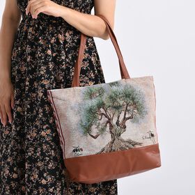 Schultertasche mit Baum-Motiv, 42x34x12cm, Gr&uuml;n