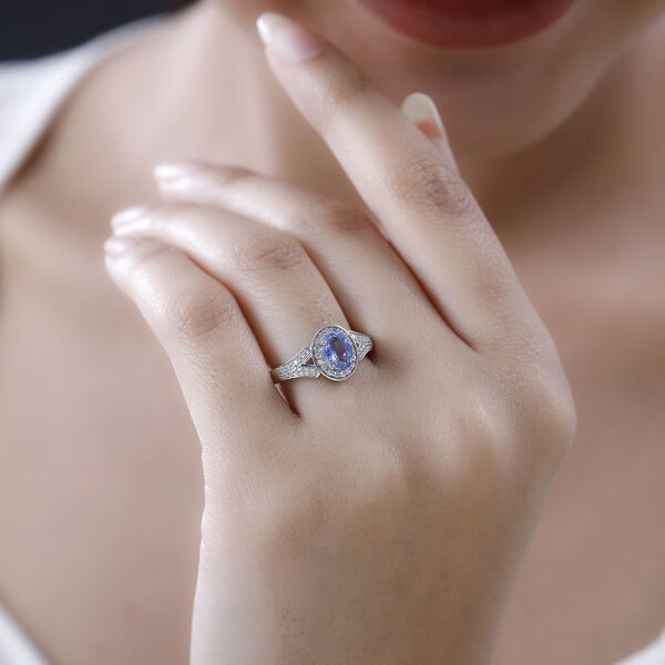 Blauer Ceylon-Saphir, Weißer Zirkon Ring, 925 Silber platiniert (Größe 18.00) ca. 1.42 ct image number 3