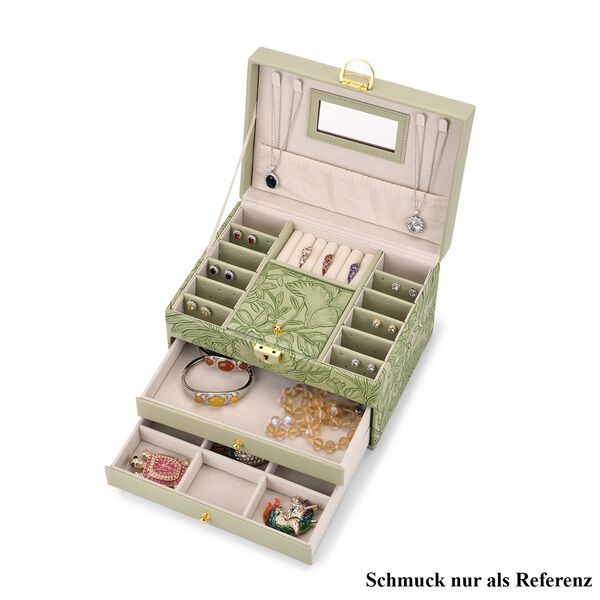 3-lagige PU Schmuckk&auml;stchen mit gepr&auml;gtem Blumenmuster, 22x17x13 cm, Gr&uuml;n