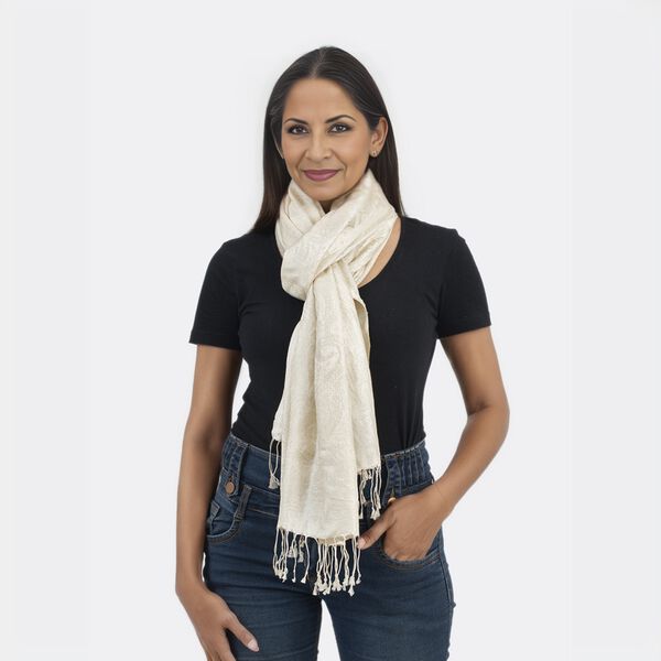 Premium Kollektion - gewebter Schal, 100% Natur Seide, Jamawar Design, 68x190 cm, Elfenbein