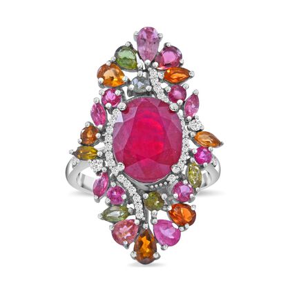 Afrikanischer Rubin (Fissure gef&uuml;llt), mehrfarbiger-Turmalin Ring, 925 Silber platiniert (Gr&ouml;&szlig;e 20.00) ca. 8.36 ct