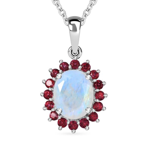 AA Regenbogen Mondstein und Signity leuchtend roter Topas-Anh&auml;nger mit 50cm Kette - 3,21 ct.