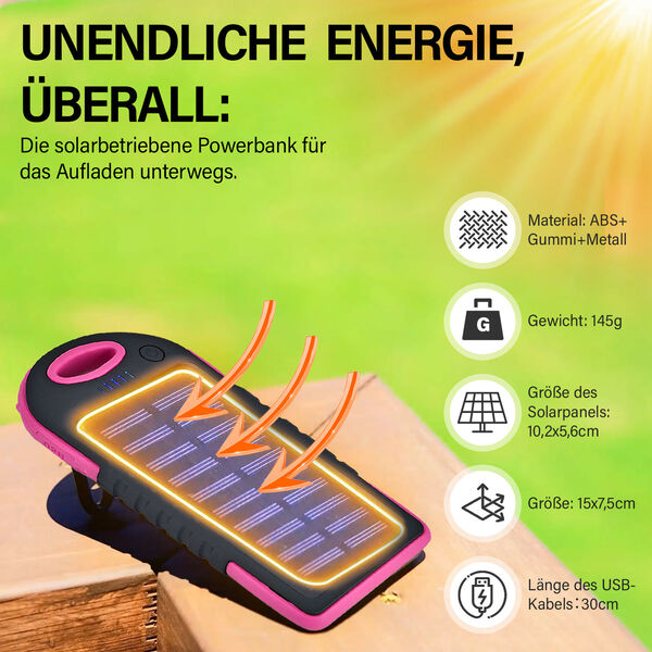Solarbetriebene Powerbank mit USB Anschluss, Pink image number 2