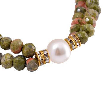 Muschelkernperle-Armband mit Unakit und Wei&szlig;em Kristall, flexibel, vergoldet