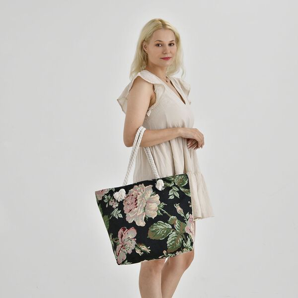 Jacquardgewebte Tasche aus Jute mit Futter, Reißverschluss und verstellbarer Kordel Riemen, 42x37x34 cm, Rosengarten image number 2