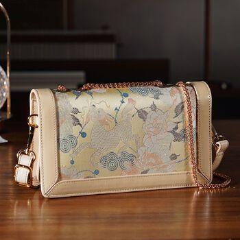 LA MAREY Brokat Crossbody Tasche aus Seide und Echtleder, 23x13x7cm, Beige