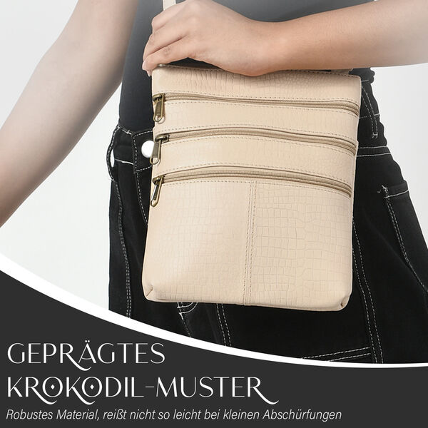 Echtleder Crossbody Tasche mit Kroko-Pr&auml;gung, Beige image number 3
