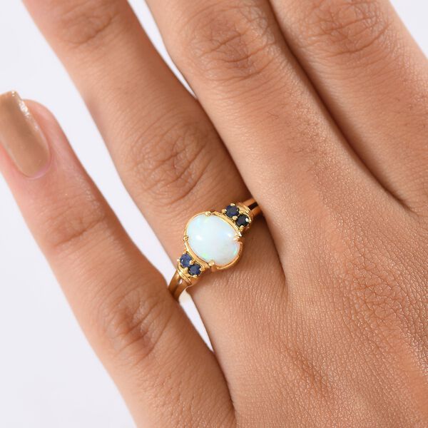 D'Joy AA Natürlicher, äthiopischer Welo Opal, Blauer Saphir Ring 925 Silber vergoldet (Größe 17.00) ca. 1,38 ct image number 3