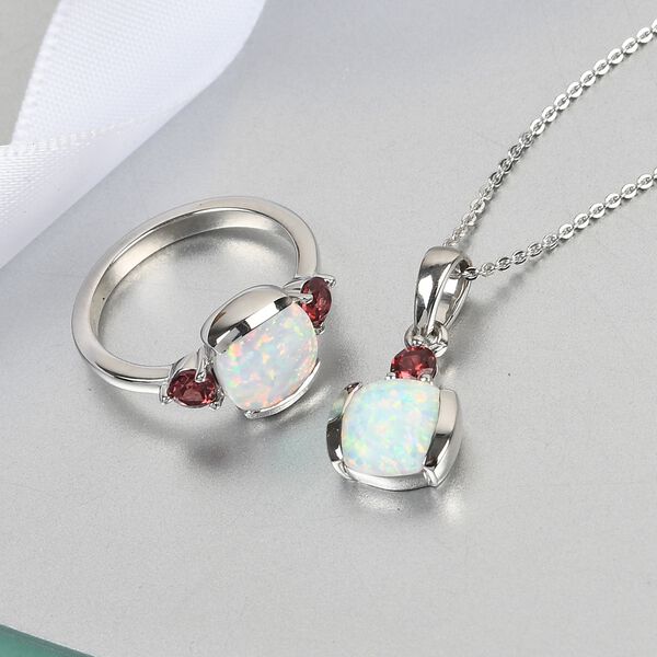 Nat&uuml;rlicher australischer Opal und roter Granat Ring und Anh&auml;nger mit Kette ca. 48 cm. 925 Silber Platin-&Uuml;berzug 1,97 ct image number 2