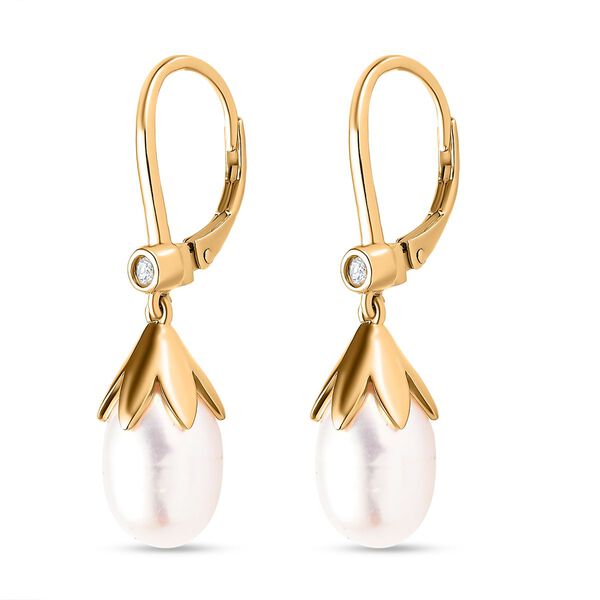 S&uuml;&szlig;wasser Perle, Wei&szlig;er Zirkon Ohrringe 925 Silber Gelbgold Vermeil ca. 0,10 ct. image number 4