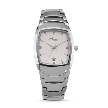 GENOA - Wei&szlig;er Kristall Armbanduhr mit Datumsanzeige, Wolframstahlgeh&auml;use, Reiner Edeslstahl, Silber