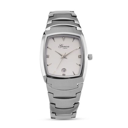 GENOA - Wei&szlig;er Kristall Armbanduhr mit Datumsanzeige, Wolframstahlgeh&auml;use, Reiner Edeslstahl, Silber