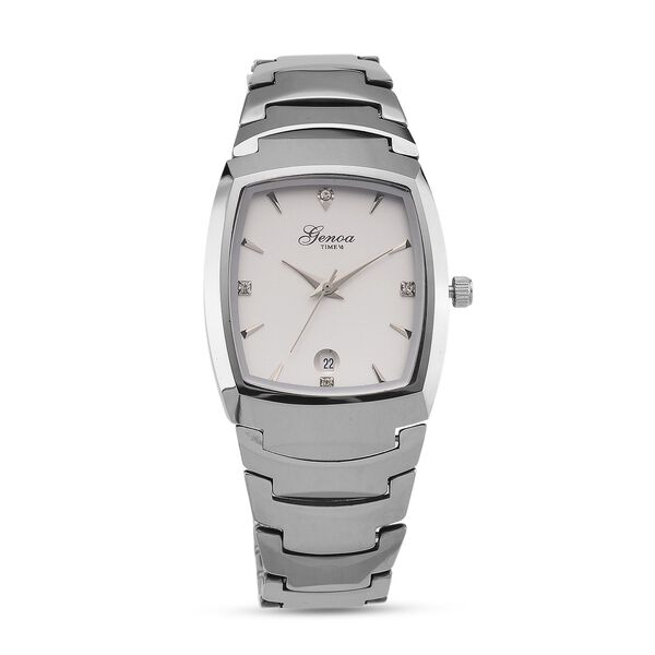 GENOA - Weißer Kristall Armbanduhr mit Datumsanzeige, Wolframstahlgehäuse, Reiner Edeslstahl, Silber image number 0
