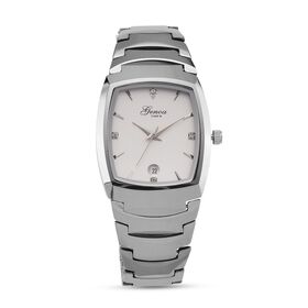 GENOA - Weißer Kristall Armbanduhr mit Datumsanzeige, Wolframstahlgehäuse, Reiner Edeslstahl, Silber