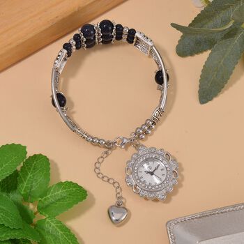 STRADA - Blauer Sandstein verstellbare Perlenarmbanduhr mit japanischem Uhrwerk, 17-21 cm Edelstahl