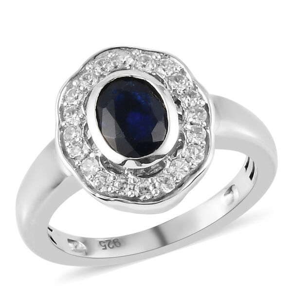 Masoala Saphir und Zirkon Halo Ring, 925 Silber platiniert, 1,71 ct.