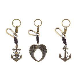 3er Set Schlüsselanhänger, Flügel Anker Totenkopf, Bronze