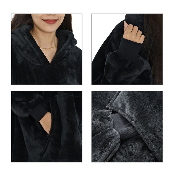 Flauschiger Flanell Hoodie mit gro&szlig;er Tasche, 194x98cm, schwarz image number 6